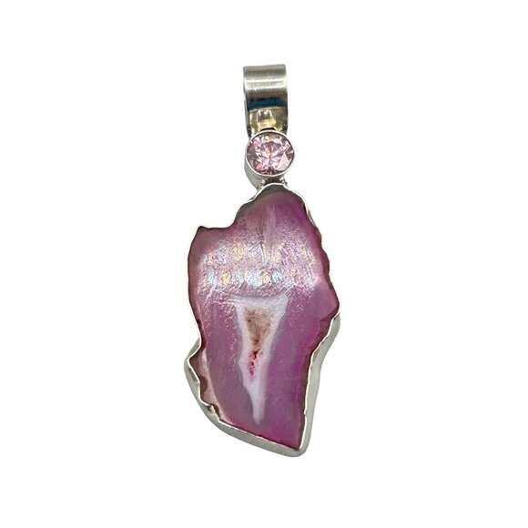 Pink Druzy Quartz Gemstone Pendant Sterling Silver 925 with Pink Glass Stone - Picture 1 of 7